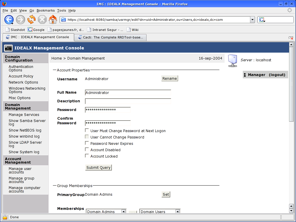 The IMC Samba User Account Screen